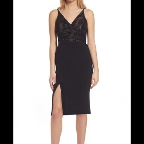 Dress The Population Giulia Sequin Bodice Crepe Sheath Dress Black Size S NWOT - Picture 1 of 13